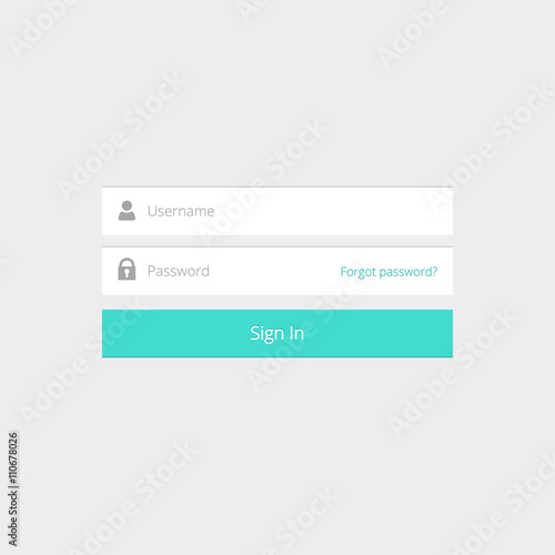 Login box, login form, login ui interface element, login screen, sign in button, username and password inputs, log in icons, flat modern window vector design on grey background