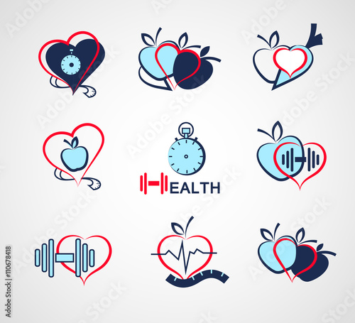 Set wellness symbols. Healthy food and fitness
