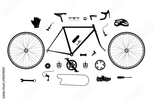 Obraz na plátně Road bicycle parts and accessories silhouette set, elements for infographic, etc