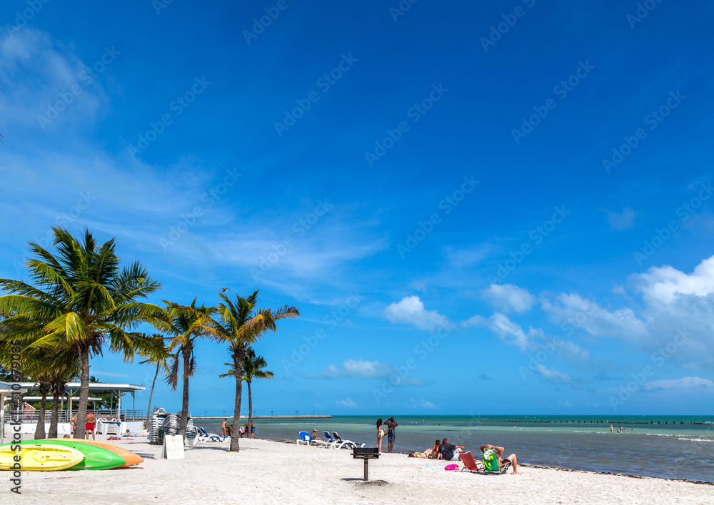 Blue sky with white sand and palm beach in Key West, USA
