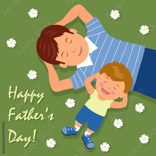 Vector illustration of father and son lying down on lawn having fun. The background for the congratulations. Happy Fathers day.