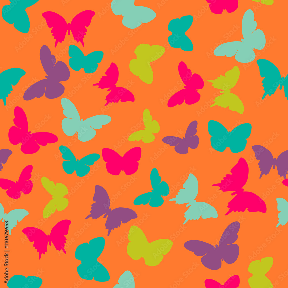 Vector seamless pattern with random green, blue, pink, purple butterflies on orange background. Vintage child baby design for wrapping, textile, fabric, invitation, greeting, wedding cards, websites