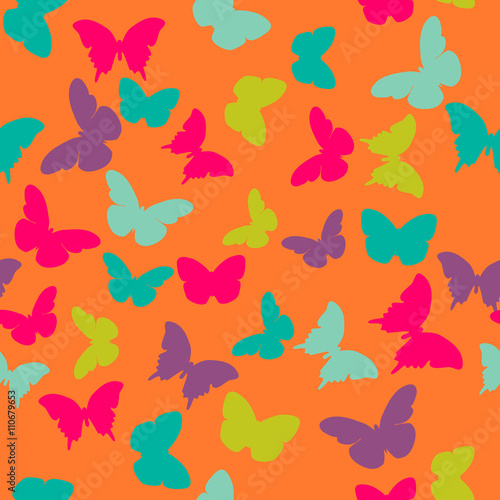 Vector seamless pattern with random green  blue  pink  purple butterflies on orange background. Vintage child baby design for wrapping  textile  fabric  invitation  greeting  wedding cards  websites