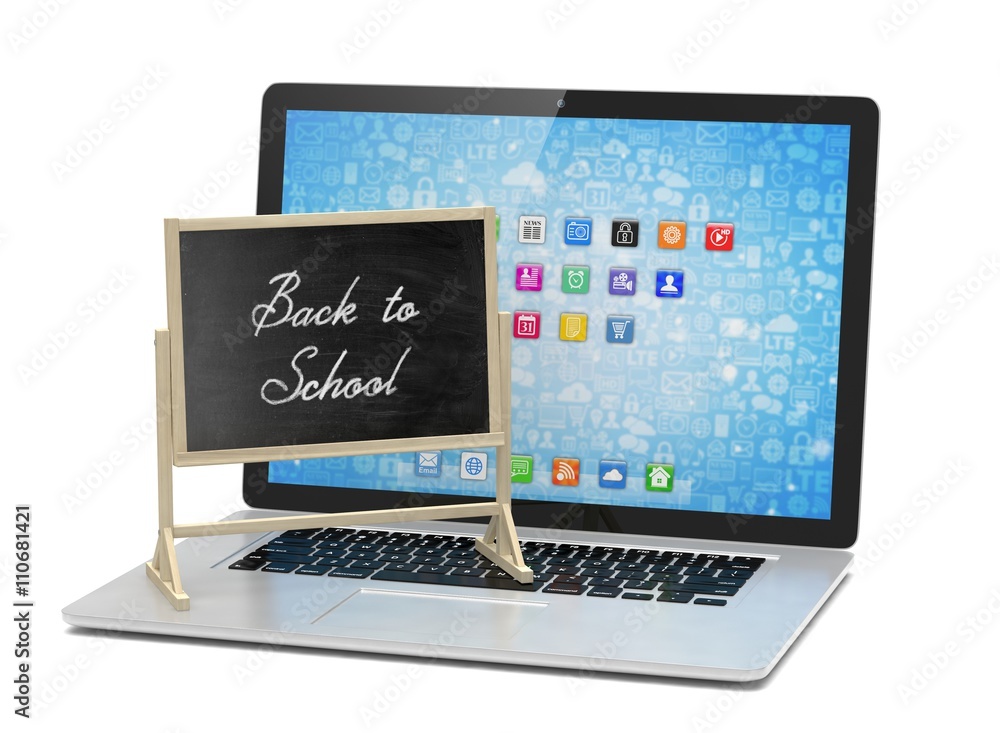 Laptop with chalkboard, back to school, online education concept. 3d rendering. Laptop with chalkboard, back to school, online education concept. 3d rendering.