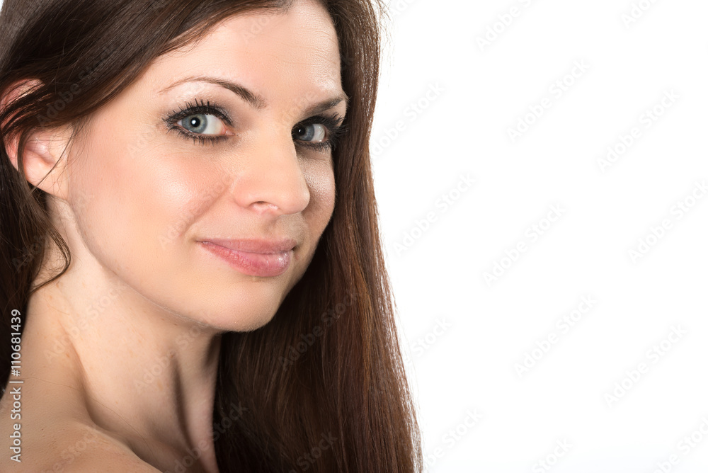 Beautiful happy brunette, isolated on white Beautiful happy brunette, isolated on white
