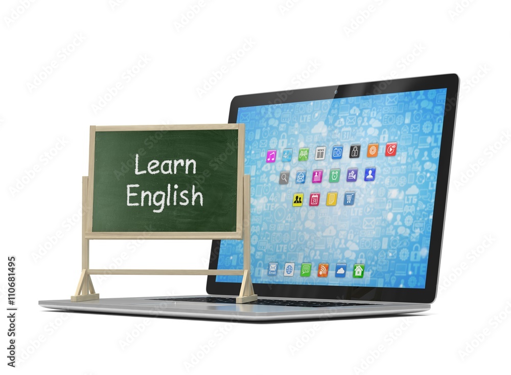  Laptop with chalkboard, learn english, online education concept. 3d rendering.