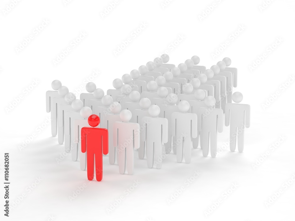 Many 3d people figure in arrow shape with the leader in front. 3d rendering.