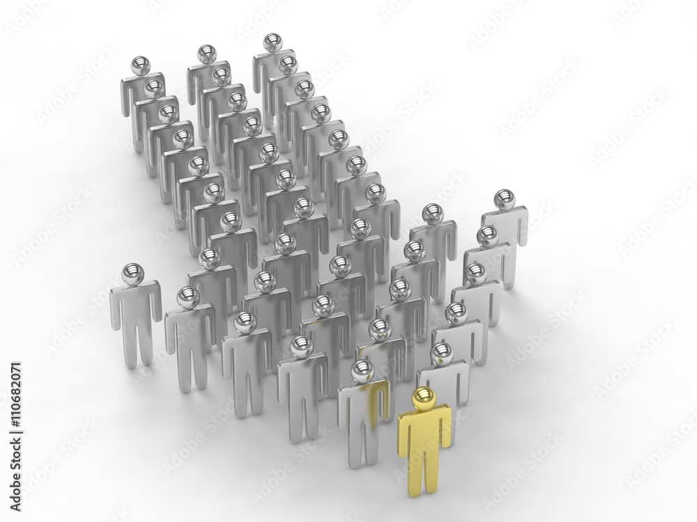 Many 3d people figure in arrow shape with the leader in front. 3d rendering. Many 3d people figure in arrow shape with the leader in front. 3d rendering.