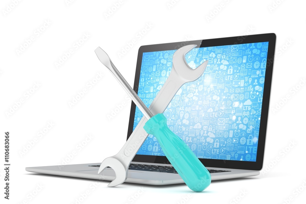 3D Illustration Wrench and screwdriver on laptop, service concept 3D Illustration Wrench and screwdriver on laptop, service concept
