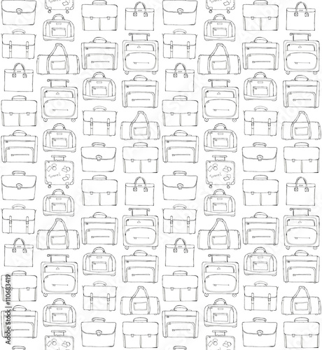 Hand drawn doodle sketch illustration seamless pattern - baggage for travel, suitcase, case, handbag, sports bag isolated on white. Coloring book