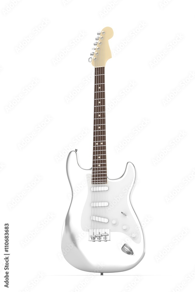 Isolated silver electric guitar on white background.  Musical instrument for rock, blues, metal songs. 3D rendering.
