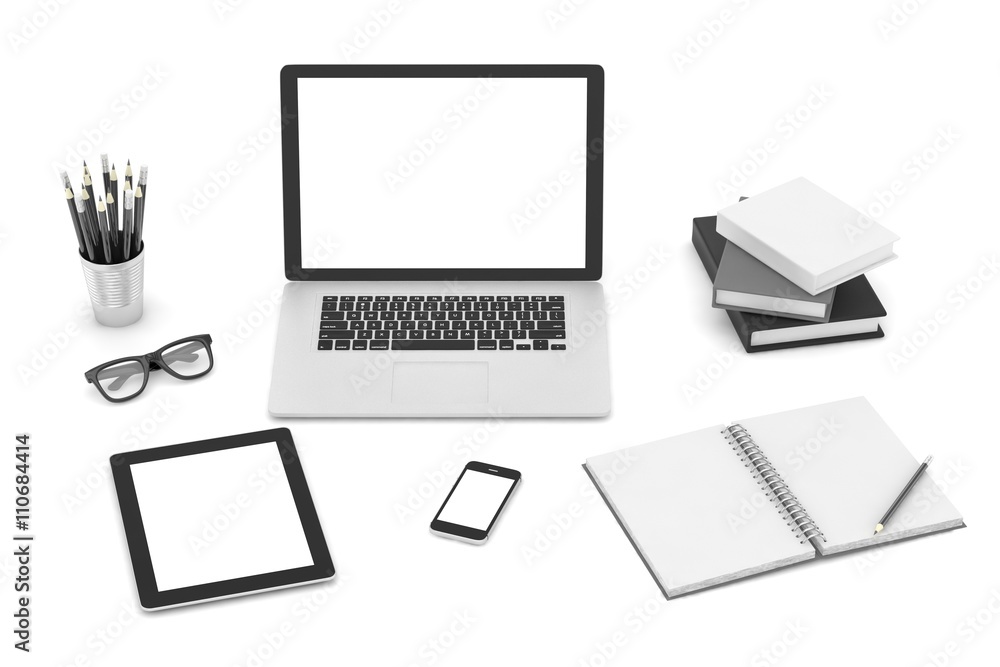 Responsive mockup screens. Laptop, tablet, phone on table. 3d rendering.