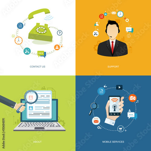 Flat internet banners set. Online support, about us,mobile servi