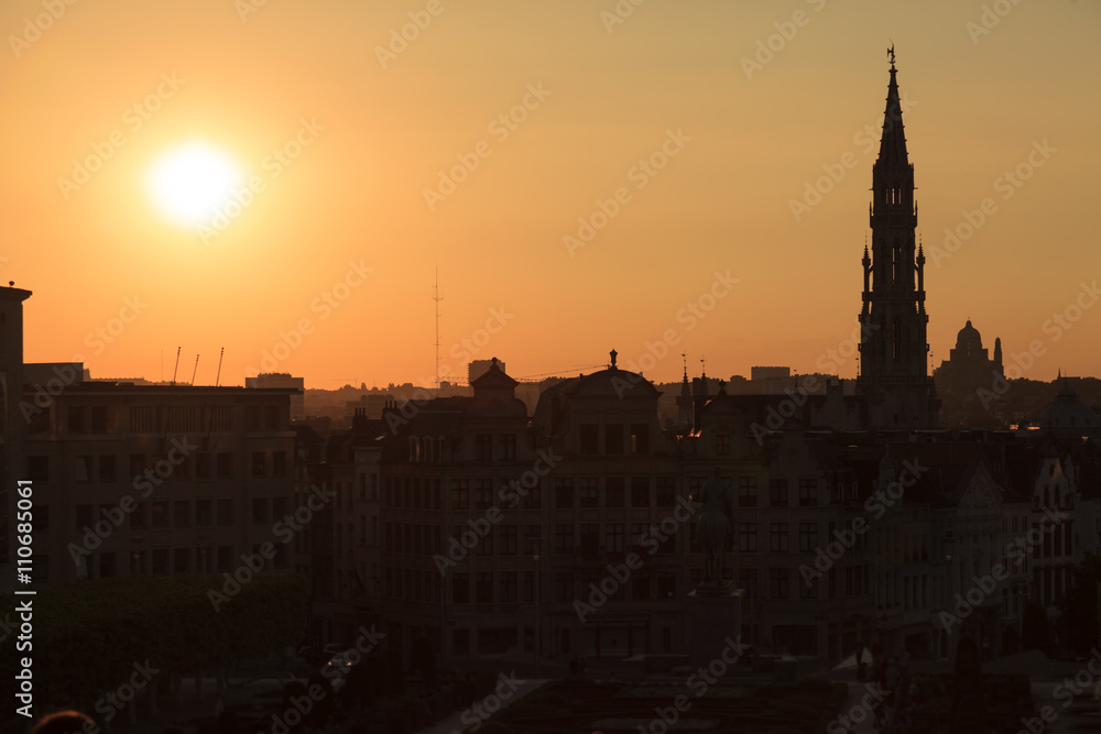 Fototapeta premium Cathedral and statue of king Albert I at sunset, Brussel