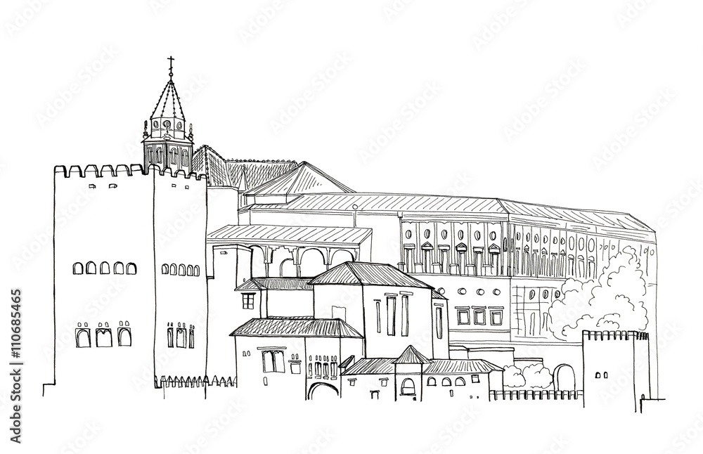 Hand drawn sketch illustration architecture landmark of Spain, Granada, Alhambra architectural ensemble isolated