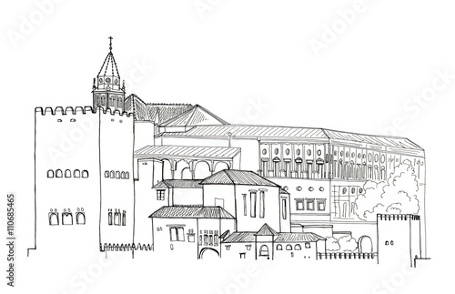 Hand drawn sketch illustration architecture landmark of Spain, Granada, Alhambra architectural ensemble isolated