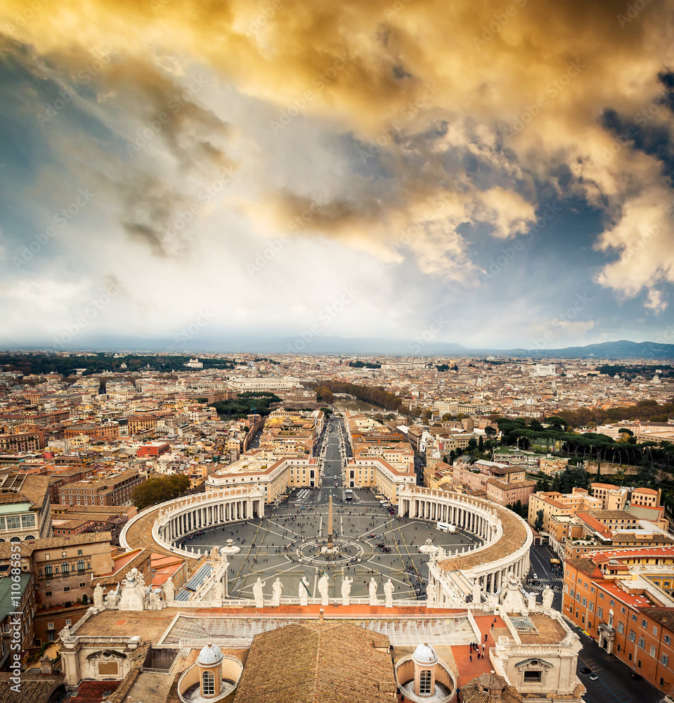 Famous Saint Peter's Square in Vatican and aerial view of the city, Rome, Italy.