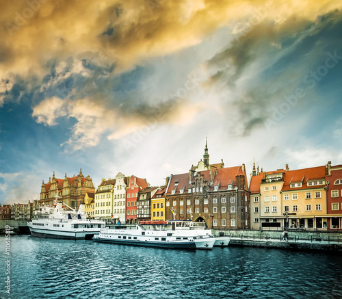 Sunset in old town of Gdansk at Motlawa river, Poland