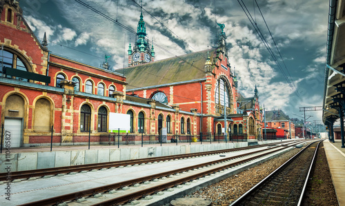 Historic railway station in Gdansk, Poland.