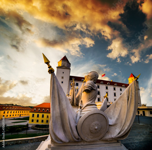 Traditional sculptural group of Bratislava castle at sunset