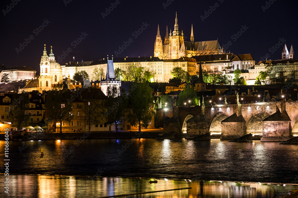Prague night view, Pragsky grad (Prague Castle) and Charles brid