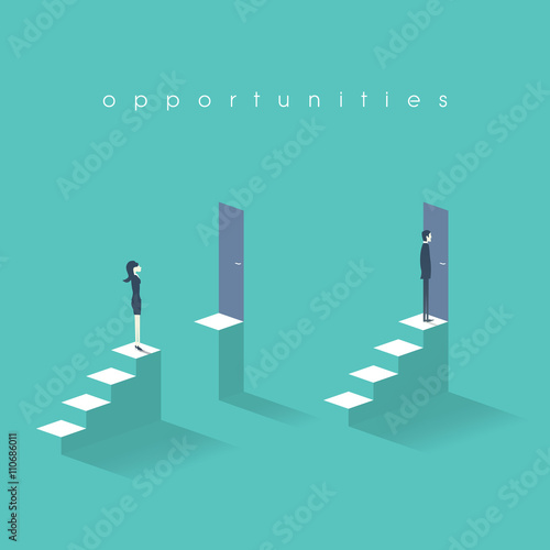 Equal opportunities business concept with businesswoman and businessman standing in front of doors on top stairs.