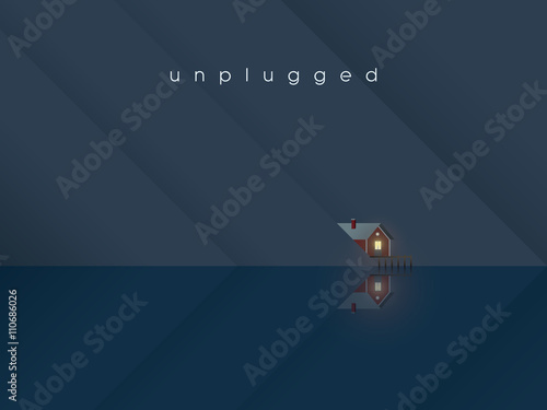 Lake house landscape scene with cottage on water. Holiday or vacation in nature concept.