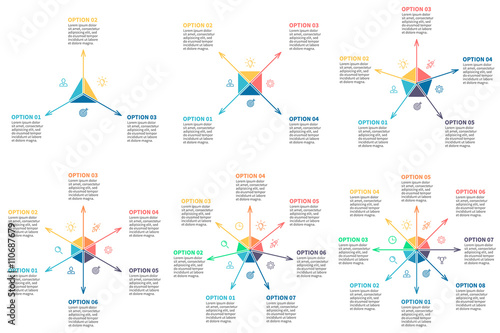 Outline infographic, multidirectional arrows. Vector templates.
