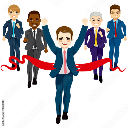 Group of five business men running race competition with happy businessman winning the race breaking finish line success concept
