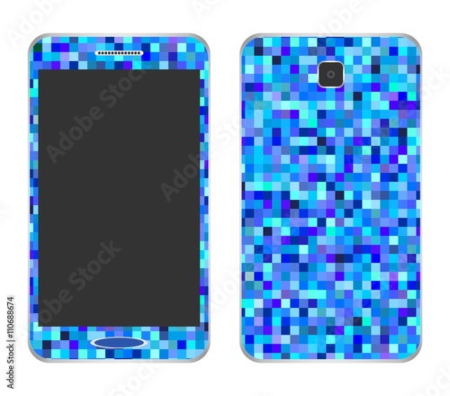 Design mobile phone from the outer wrapper of blue color pixels from the camera at the back with a large display and speaker front on a white background