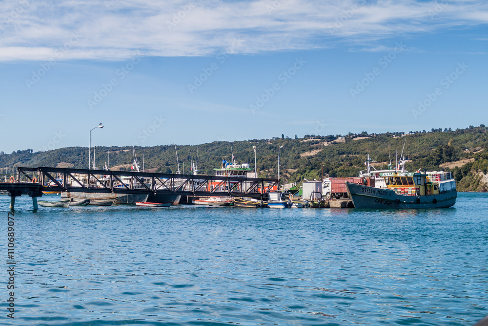 DALCAHUE, CHILE - MARCH 21, 2015: Ships in a harbor of Dalcahue, Quinchao island, Chile