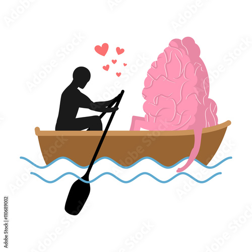 Man and brain and ride in boat. Lovers of sailing. Man rolls cen