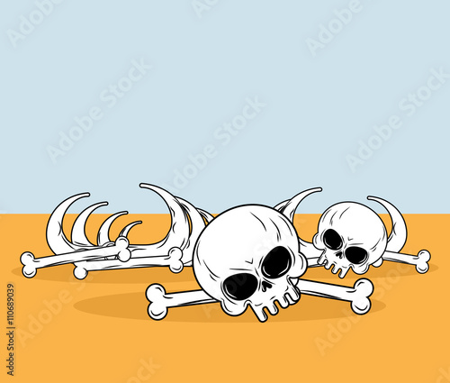 Skeleton in desert. Skull and bones lying on yellow sand. Dead d