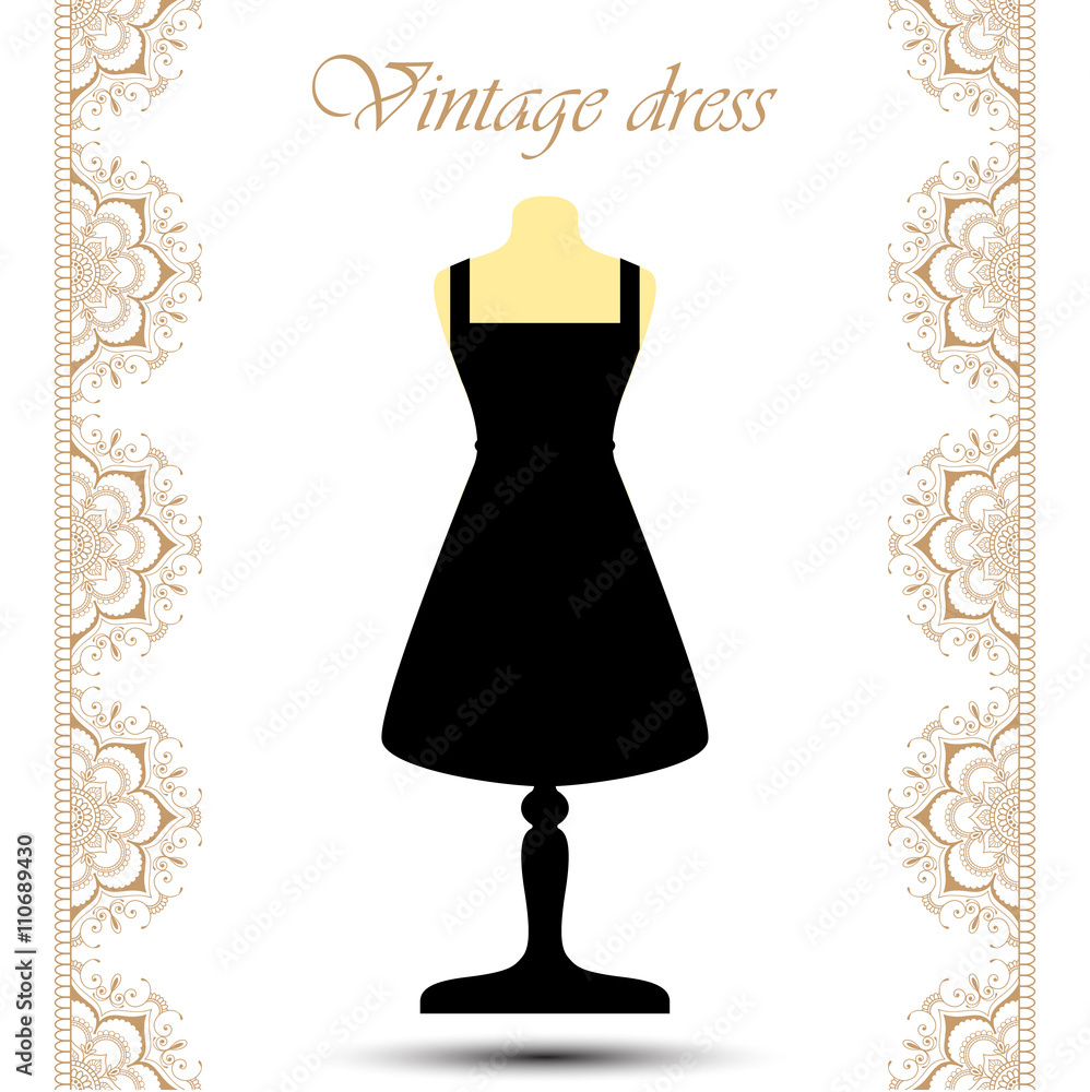 Vintage black cocktail short dress on mannequin with line lace borders for icon.
