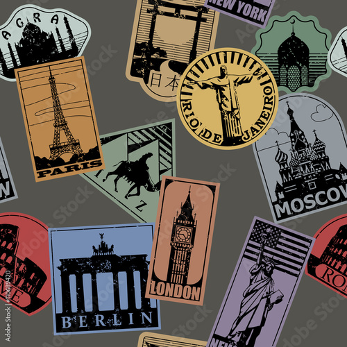 Vintage paper landmarks travel labels seamless pattern background