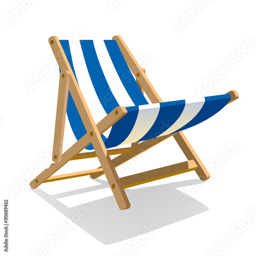 Wooden beach blue striped deck chair isolated on white