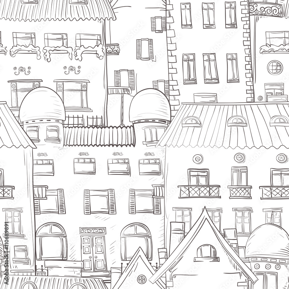 Seamless pattern of hand-painted homes.