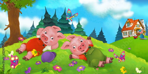Fototapeta Cartoon scene of pigs resting on the hill - one is working - illustration for children