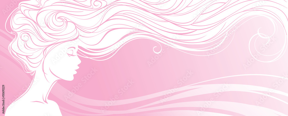 Vector illustration. Beautiful silhouette of long hair woman on pink background. Concept design for beauty salons, spa, cosmetics, fashion and beauty industry.