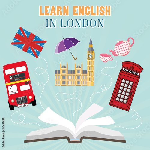 Abroad Language School. Studying foreign languages concept. Open book with hand drawn England flag and english symbols. Flat design, vector illustration. text - Learn english in London.