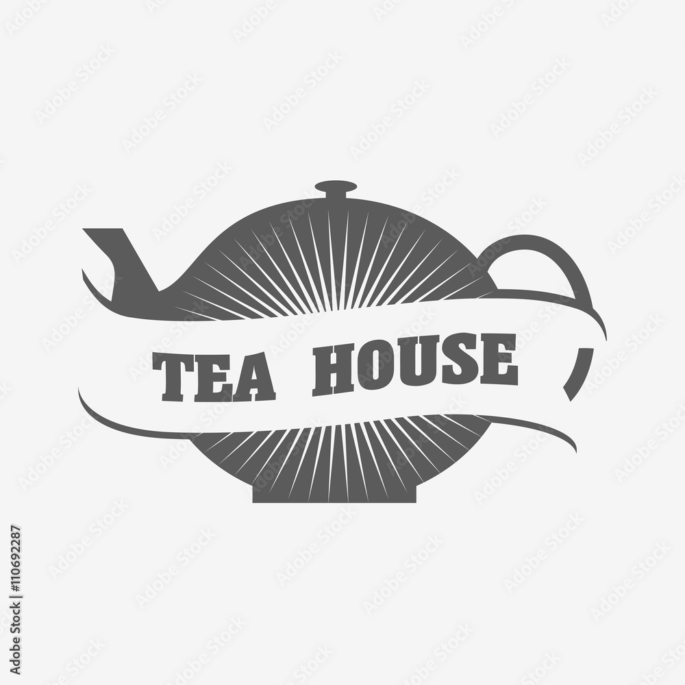 Tea house logo or badge template with tea pot