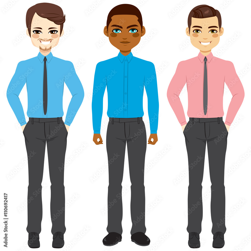 Small group collection of three businessmen wearing casual clothes on informal Friday