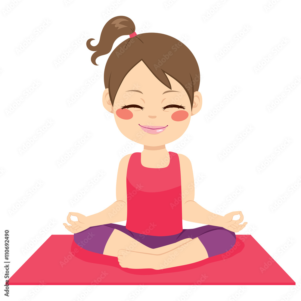 Cute little happy girl doing zen position on yoga mat isolated on white background Cute little happy girl doing zen position on yoga mat isolated on white background