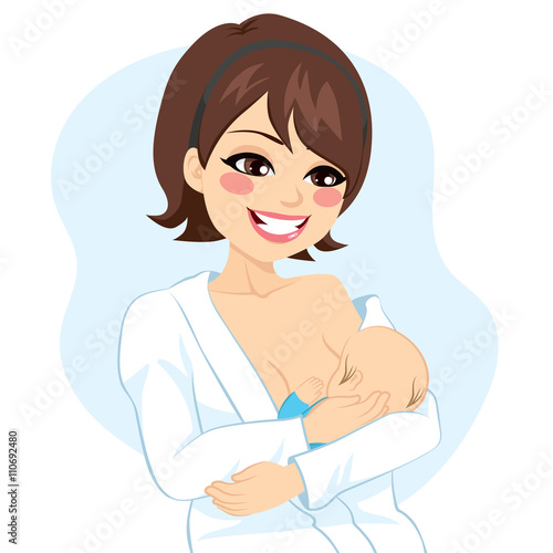 Young mother woman breastfeeding baby boy wearing white bathrobe