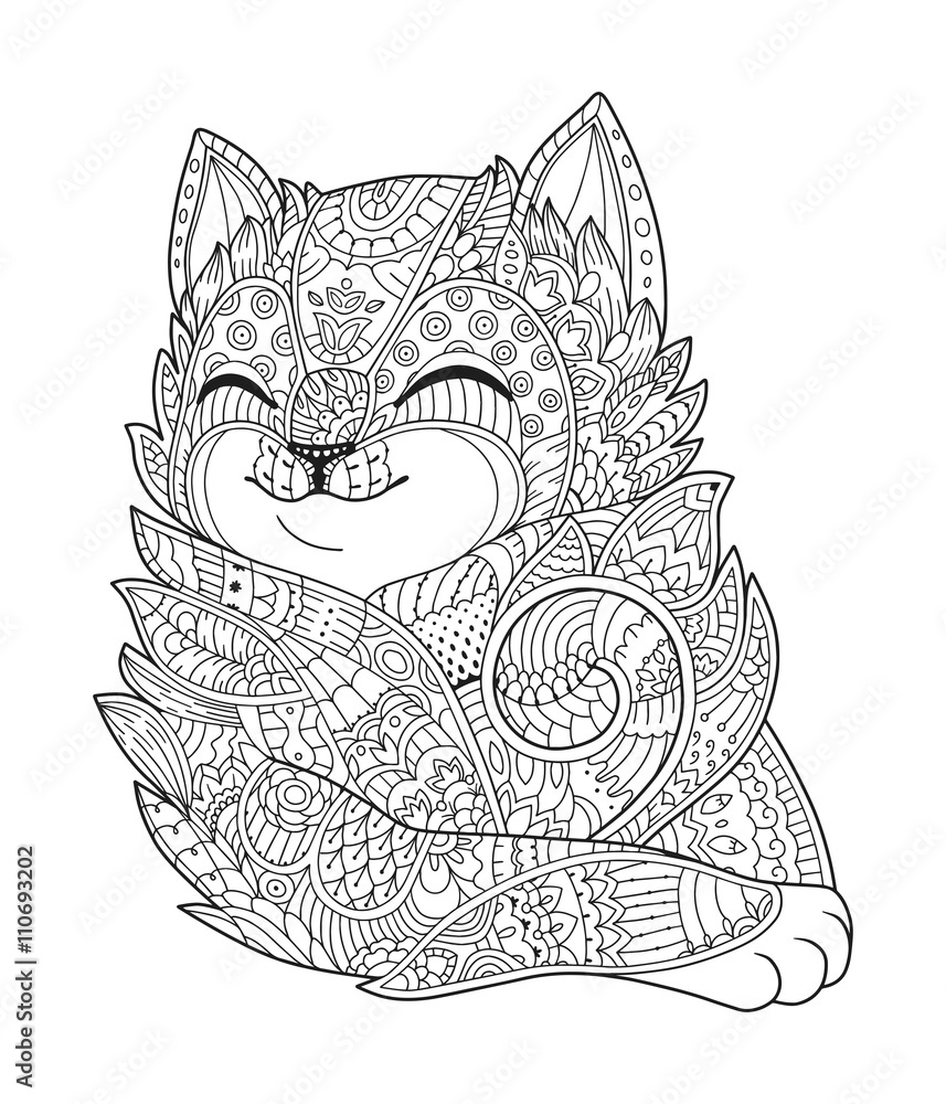 Zen art cat. Hand drawn fluffy cat portrait in zentangle style for ...