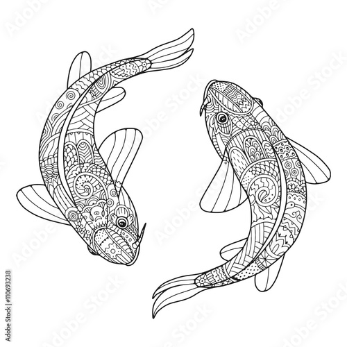 Zentangle stylized couple of fish. Two koi carps. Zen art for adult antistress coloring page.