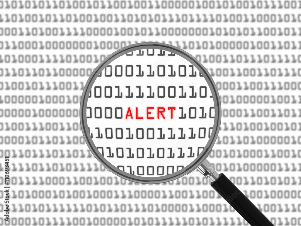 Alert found in Binary Code with Magnifying Glass - 3D Illustration Alert found in Binary Code with Magnifying Glass - 3D Illustration