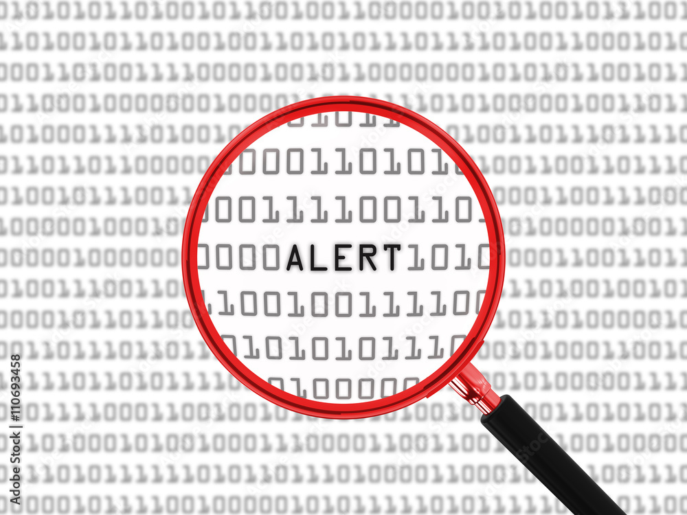 Alert found in Binary Code with Magnifying Glass - 3D Illustration Alert found in Binary Code with Magnifying Glass - 3D Illustration