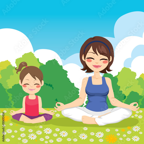 Young mother and daughter at park doing yoga exercise