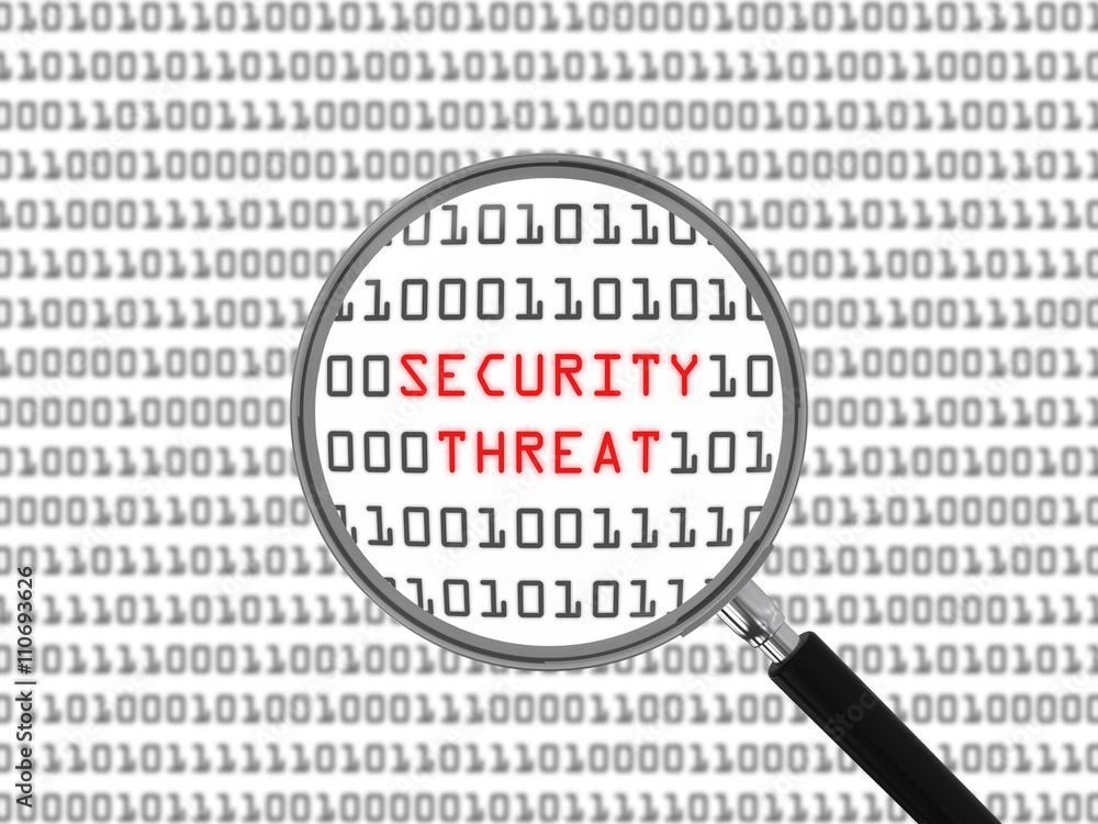 Security Threat found in Binary Code with Magnifying Glass - 3D Illustration Security Threat found in Binary Code with Magnifying Glass - 3D Illustration